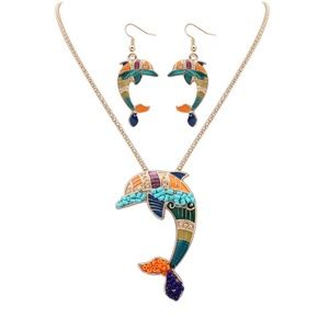 Adorable Dolphin Necklace Earring Jewelry Set 3PCs